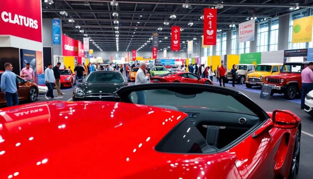 Exciting Auto Cars Show featuring a sleek red sports car and enthusiastic attendees interacting.