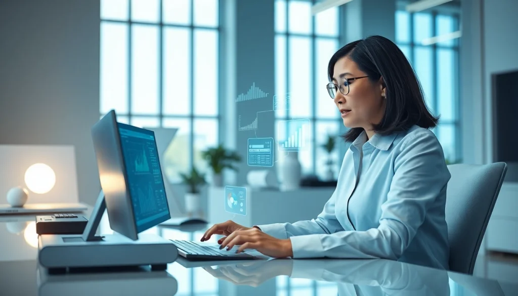 Engineer analyzing advanced Technology in an innovative office environment with futuristic displays.
