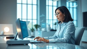 Engineer analyzing advanced Technology in an innovative office environment with futuristic displays.