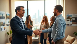 Real Estate agent collaborating with clients in a modern office for property discussions.