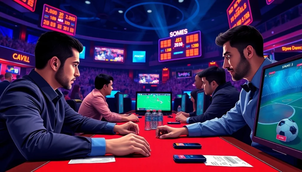 Players engaged in online sports betting at MM88, surrounded by bright screens and an energetic atmosphere.