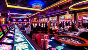 KJC casino setting with lively roulette wheel, cards, and poker chips, offering thrilling gambling experiences.