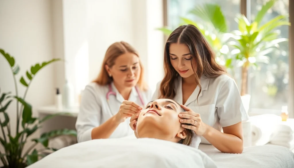 Showcasing Esthetician Marketing Ideas through a spa scene with a professional esthetician applying a facial treatment.