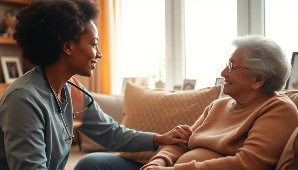 Austin senior home care showcasing a caregiver comforting an elderly woman in a cozy living room.