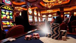 Excited players placing a slot bet 100 in a glamorous casino scene.