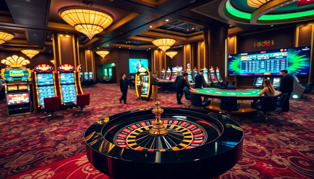 Action-packed scene at RR88 casino with players enjoying roulette and digital betting.