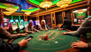 Excited players engaging at a blackjack table, featuring the vibrant 888b link surrounded by chips and a roulette wheel.