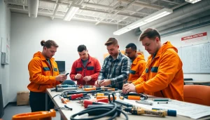 Engaged students at an electrician trade school Colorado utilizing tools in a bright classroom.