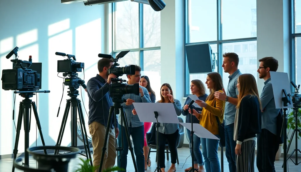 Creative Video Production Agency team collaborating in a modern studio with filming equipment.
