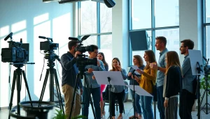 Creative Video Production Agency team collaborating in a modern studio with filming equipment.