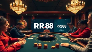 Experience high stakes at RR88 with vibrant casino visuals featuring poker tables and roulette games.
