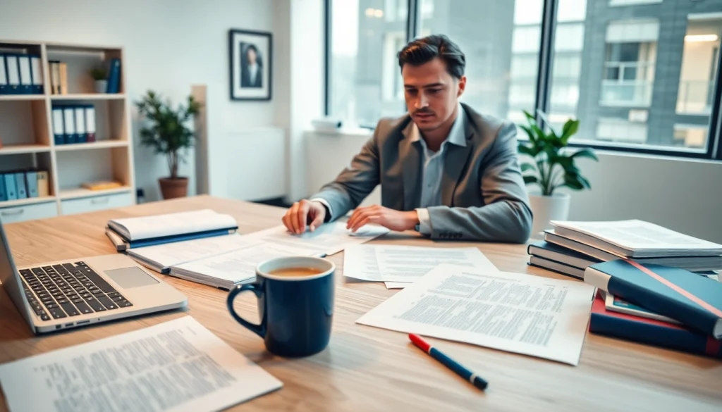 Professional translator at work with legal documents and translation resources, emphasizing the role of traduttore giurato.