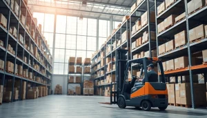 Warehouse interior with organized shelving and a worker operating a forklift.