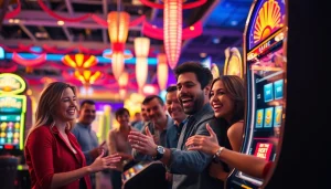 Penggemar merasakan keseruan bermain slot bet 50 perak dengan ekspresi gembira di kasino.