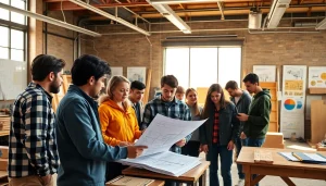 Engaged students in construction education Colorado collaborating in a hands-on classroom setting.