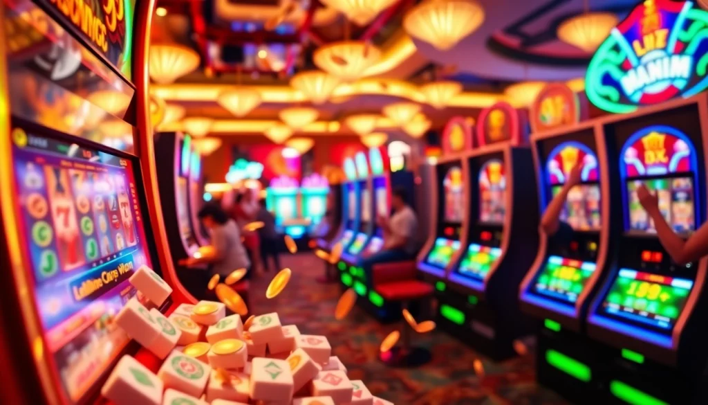 Memenangkan slot mahjong dengan koin jatuh berkilau di latar kasino yang meriah.