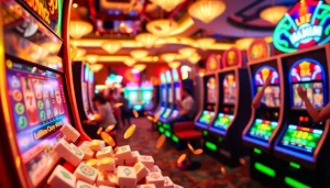 Memenangkan slot mahjong dengan koin jatuh berkilau di latar kasino yang meriah.