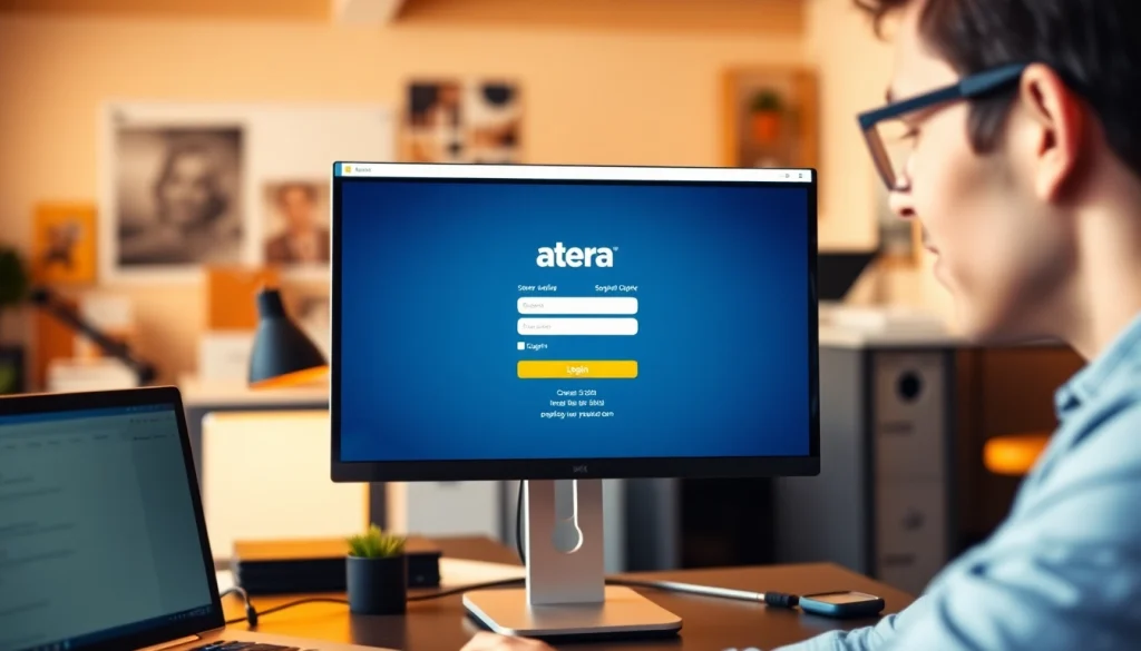 Atera login displayed on a computer screen in a productive workspace.