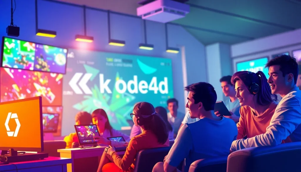 Kode4d gaming environment showcasing diverse players engaged with vibrant graphics and devices.