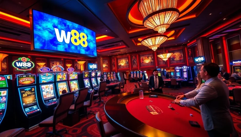 Experience the excitement of w88 at a luxurious casino with vibrant gaming tables and slot machines.