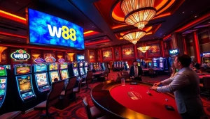 Experience the excitement of w88 at a luxurious casino with vibrant gaming tables and slot machines.