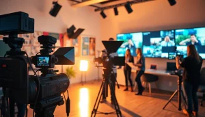 Creative Video Production Agency team collaborating at a modern studio with colorful visuals.
