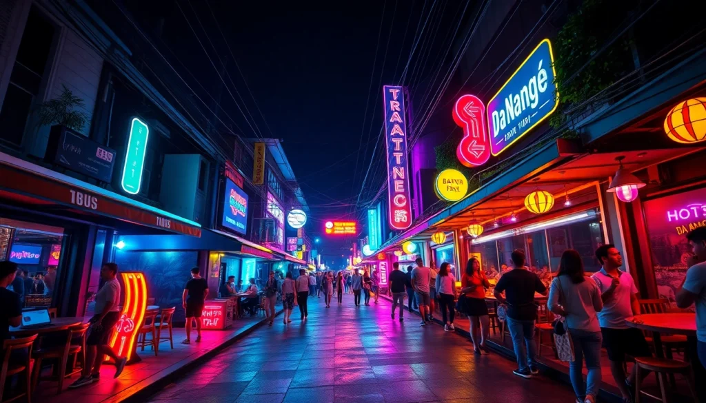 Experience 다낭밤문화 with a vibrant nightlife scene featuring bustling bars and colorful neon lights.