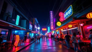 Experience 다낭밤문화 with a vibrant nightlife scene featuring bustling bars and colorful neon lights.