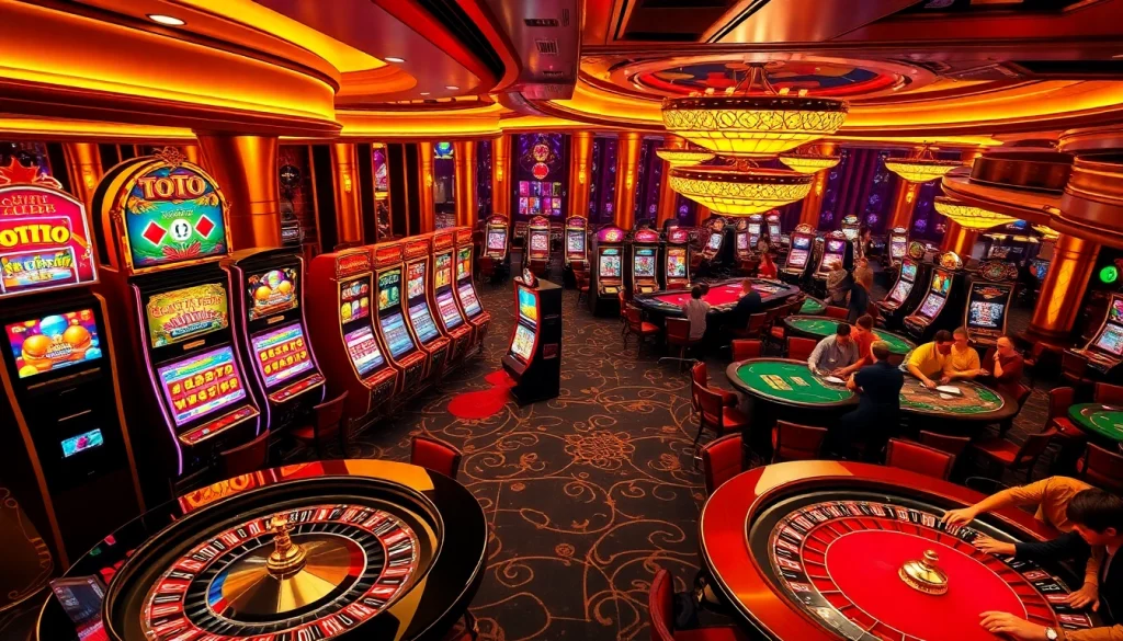 Toto slot machines illuminate the elegant casino floor filled with players enjoying vibrant games.