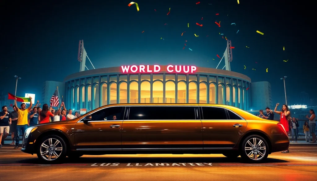 World Cup Group Transportation with luxury limousines and excited fans in Los Angeles.