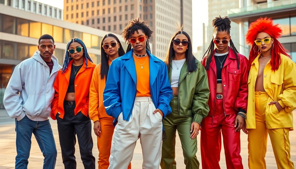 Bold streetwear looks featuring diverse individuals in a vibrant urban setting.
