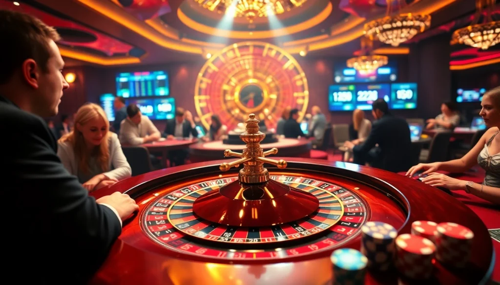 Gambling scene showcasing players at tables and roulette wheel, emphasizing link rr88 promotions.