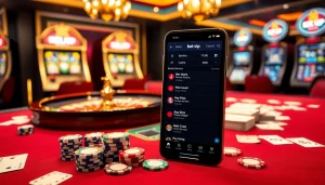 Một cảnh hấp dẫn làm nổi bật ứng dụng Bet VIP trên thiết bị di động cùng với các yếu tố casino như chip poker và bánh xe roulette.