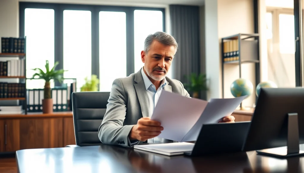 Traducteur assermenté italien dans un bureau moderne examinant des documents officiels.