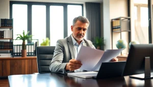 Traducteur assermenté italien dans un bureau moderne examinant des documents officiels.