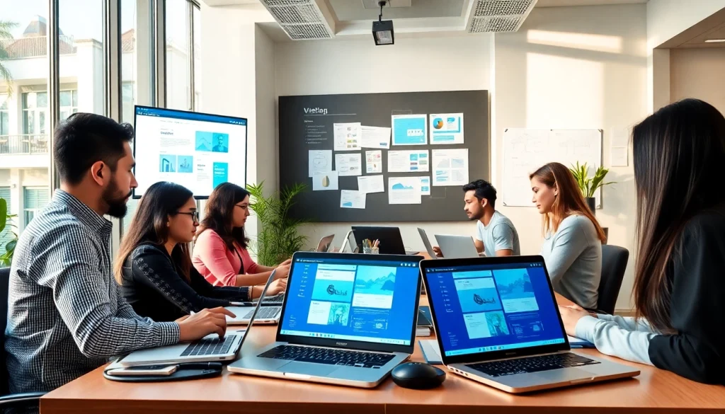 Professional setting of a công ty thiết kế website with team collaboration and digital displays.