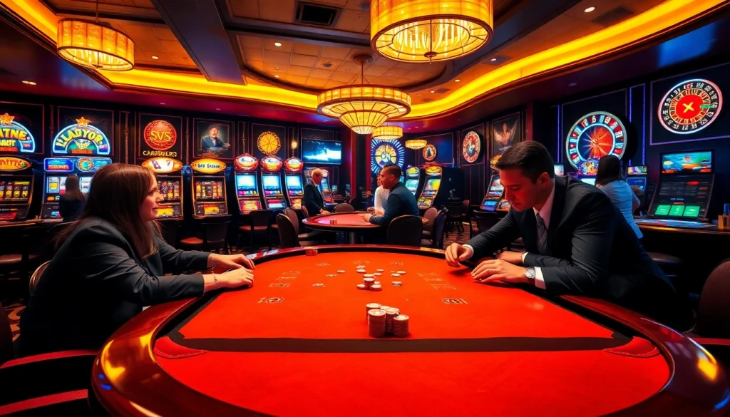 High-stakes gambling scene at https://rr88.wales/ featuring poker players, roulette wheel, and vibrant slot machines.