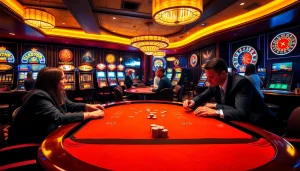 High-stakes gambling scene at https://rr88.wales/ featuring poker players, roulette wheel, and vibrant slot machines.