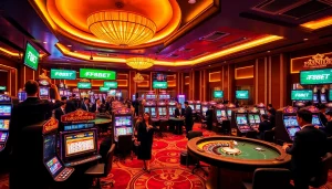 Experience the excitement at F8BET's vibrant casino, featuring slot machines and roulette wheels.