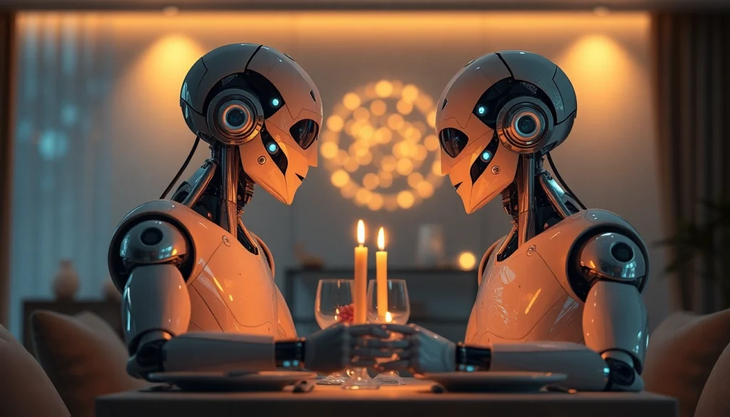 Humanoid robots engaging in a romantic dinner, exploring the concept of ai sex in a modern setting.