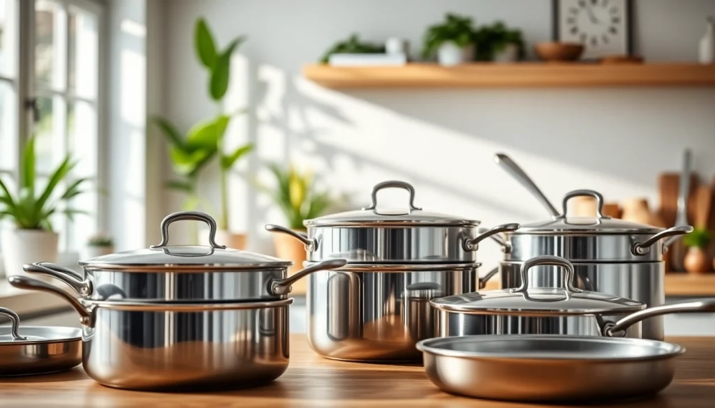 Cookware set displayed in a bright kitchen showcasing its sleek design and functionality.