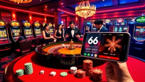 Gambling excitement at the new 66 casino with players at the roulette table and mobile app interface