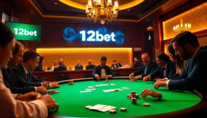 Players enjoy a thrilling poker game at a luxurious 12bet casino table surrounded by excitement.