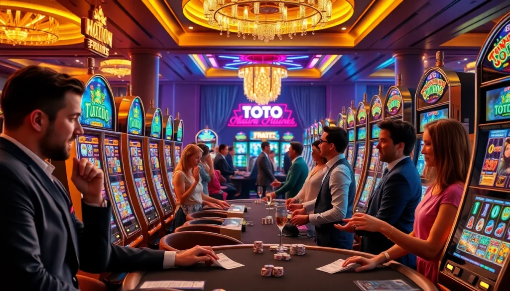 Mesin slot Toto di kasino mewah, menampilkan warna-warna hidup dan pemain yang terlibat.