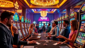 Mesin slot Toto di kasino mewah, menampilkan warna-warna hidup dan pemain yang terlibat.