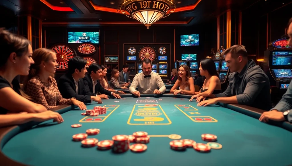 Exciting V9 bet table with players engaged in a thrilling poker game in a luxurious casino.