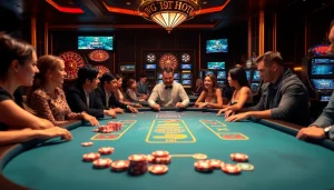 Exciting V9 bet table with players engaged in a thrilling poker game in a luxurious casino.