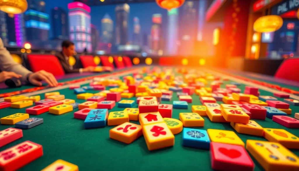 Nikmati keseruan mahjong slot dengan tumpukan ubin berwarna menarik di atas meja.