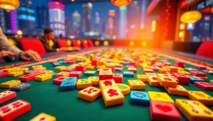 Nikmati keseruan mahjong slot dengan tumpukan ubin berwarna menarik di atas meja.