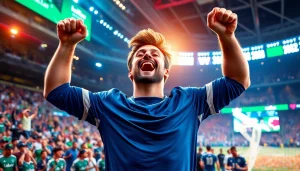 Action scene capturing New Brunswick sports betting excitement with cheering fans and bright lights.